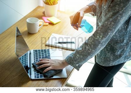 Bussiness Worman Work From Home Wearing Protection Mark In Covid-19 Virus Situation. Her Working In 