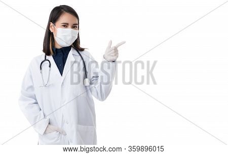 Medical Female People Wearing Surgical Hygiene Protective Mask On Face. Young Asian Doctor Female. P