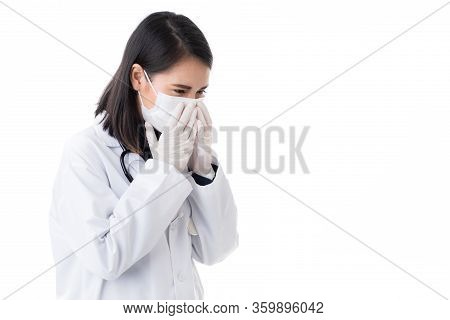 Beautiful Woman Doctor In Lab Coat Dress Wearing Surgical Hygiene Protective Mask Sneezing And Using