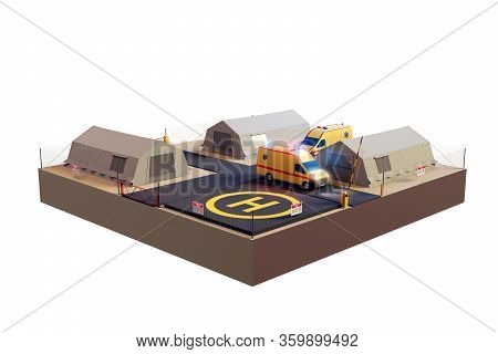 Medical Camp In Isometric Style. Mobile Emergency Camp. Medical Tents And Ambulances Car Are Located
