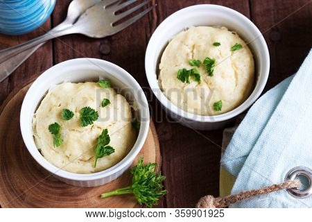 Dietary Souffle Of Minced Meat With Parsley On A Dark Background.