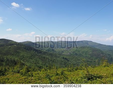 View To Beskids Mountains Land Near Salmopol Pass View Above European City Of Szczyrk In Poland, Cle