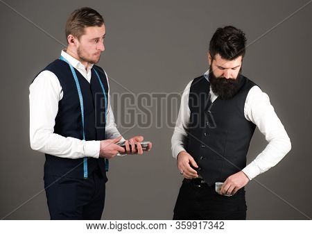 Overpayment Concept. Man With Beard Pay To Macho