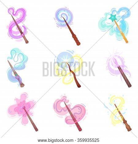 Magic Wands With Fairy Dust And Glow Swirling Around Vector Set