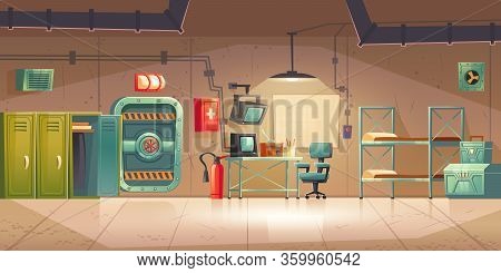Underground Bunker, Empty Bomb Shelter Control Room, Headquarters Base For Survival. Secret Scientif