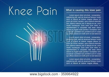 Knee Pain Linear Icon On Blue Background. Vector Abstract Minimal Illustration Of A Leg With Red Spo