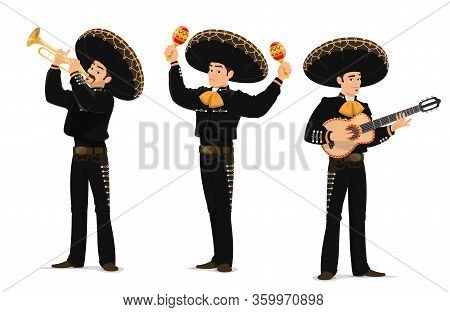 Mariachi Mexican Musicians Band. Cartoon Vector Characters Playing On Guitar, Trumpet And Maracas In