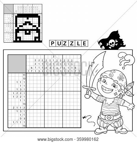 Puzzle Game for Preschool Children. Crossword. Nonogram. Coloring Page Outline Of Cartoon Pirate. Coloring book for kids.