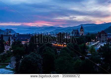 Piatra Neamt, Romania - June 22, 2019: Aerial View Of The City Center Piatra Neamt And In The Backgr