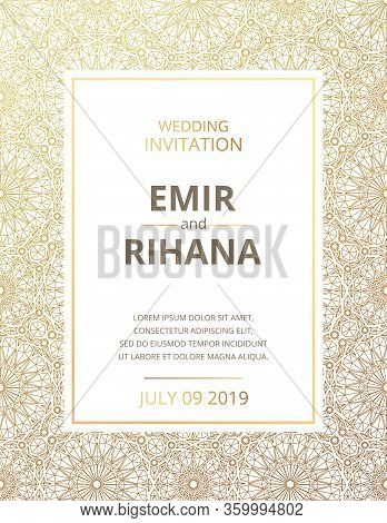Invitation To A Muslim Wedding. Gold Pattern. Vector Illustration. Template Vector.