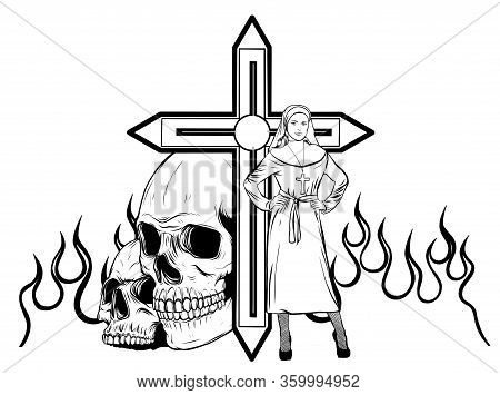 Purgatory Nun In Fire Cartoon Character Vector