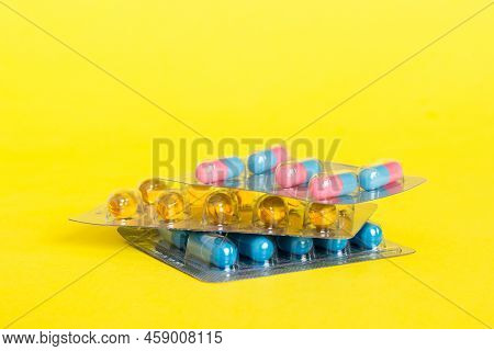 Too Many Different Pill Cartridges Stacked. Selective Focus. Packs Of Blister Pills With Tablets. Co