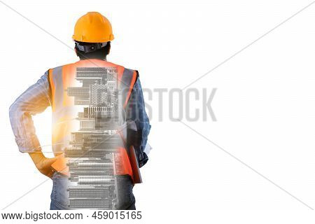 Double Exposure Future Building Engineering Concept With Exposure To Graphic Design. Building Archit