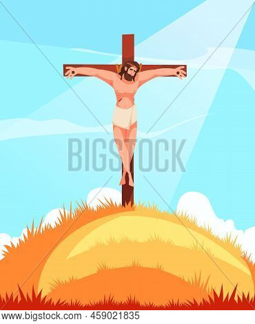 Jusus Christ On Crucifixion Cross Child Bible Cartoon Scene Vector Illustration