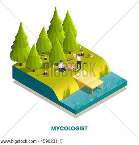 Modern Food Industry Profession Isometric Composition With Two Women Mycologists Picking And Studyin
