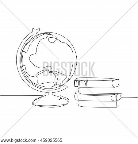 Earth Globe With Books Stack.continuous One Line Drawing Vector Illustration.minimal Art Design On W