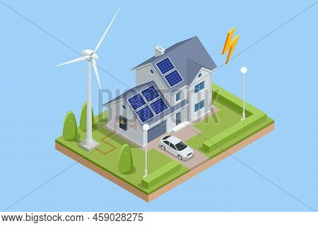 Isometric Green Energy Industry. Smart City With Wind Turbines, Solar Panels, Tank Containers And Ba