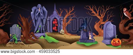 Halloween Graveyard Seamless Background, Spooky Holiday Cemetery Landscape, Ancient Stone Cross. Sca