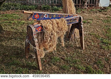 Old Wooden Tool Used For Breaking Hemp Or Flax Stalks To Make Textile Fiber, Spun, Fabric, Rope