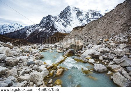View From The Dughla Waterfall Bridge On The Way To Everest Base Camp. Sagarmatha National Park, Nep