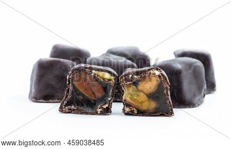 Turkish  Delight With Phistachio And Almond Covered With Chocolate Isolated On White