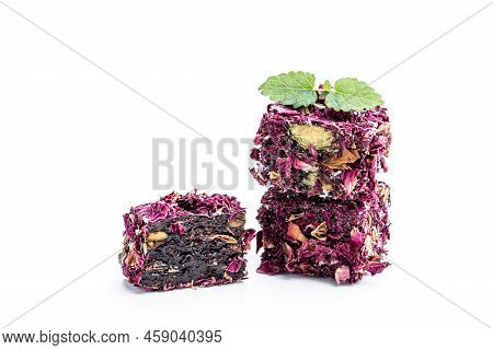 Turkish  Delight Rose Flavoured With Phistachio Covered With Rose Petal Isolated On White