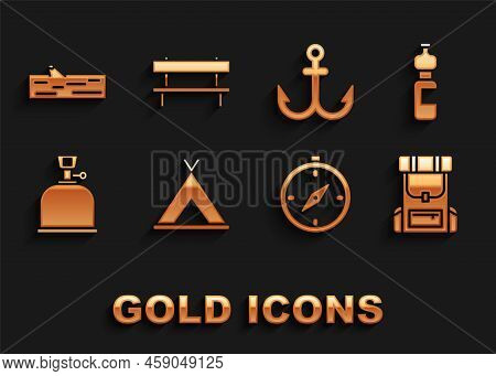Set Tourist Tent, Bottle Of Water, Hiking Backpack, Compass, Camping Gas Stove, Anchor, Wooden Log A