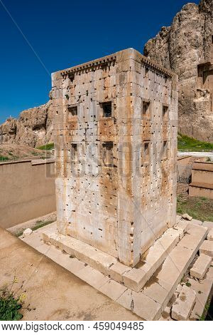 Sandstone Rock With Carved Tombs Of Persian Kings In Necropolis, Iran. King Burial Site Of Ancient P
