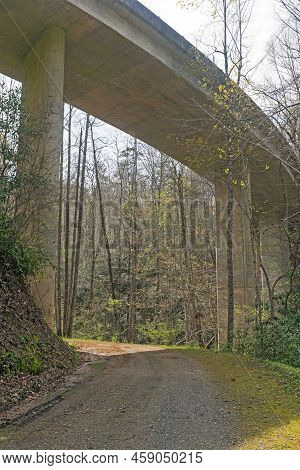 Hiking Trail Under A Curvig Road Bridge In The Great Smoky Mountains In North Carolina