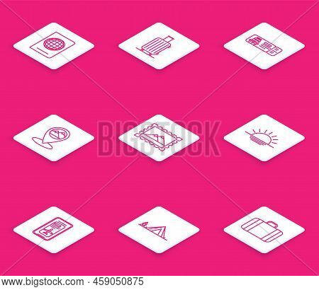 Set Line Passport With Biometric Data, Map Pointer Mountain, Postal Stamp And Mountains, Sunset, Sma
