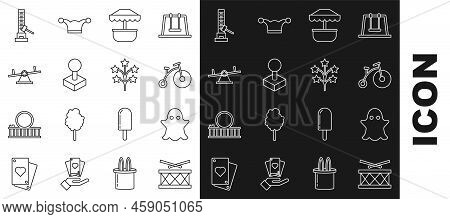 Set Line Drum With Drum Sticks, Ghost, Vintage Bicycle One Big Wheel And One Small, Attraction Carou