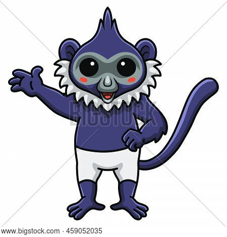 Vector Illustration Of Cute Delacour's Langur Cartoon Waving Hand