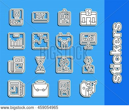 Set Line Bull And Bear Of Stock Market, Trader, Computer With Growth Graph, Business Finance Report,