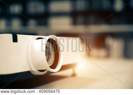 Close-up Computer Projector On Table Boardroom Or Meeting Room Technology Equipment Of Visual Or Vis