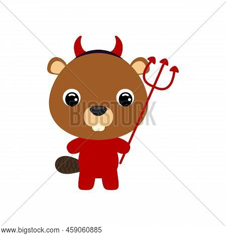 Cute Little Halloween Beaver In A Devil Costume. Cartoon Animal Character For Kids T-shirts, Nursery