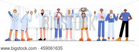 Doctors And Nurses Hospital Staff. Medicine Characters In Uniform, Clinic Personnel Team Wear White 