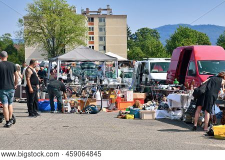 Heidelberg, Germany - August 2022: Monthly Flea Market At Messeplatz Town Square
