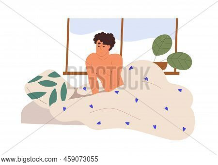 Happy Sleepy Man In Bed, Waking Up In Morning. Guys Wakeup After Good Sleep. Smiling Person Awaking,