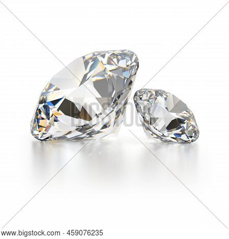 Two Diamods On A White Reflective Background. 3d Generated. Image.
