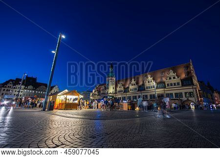 Leipzig, Germany - July 02, 2022: The City Center Of The Saxony Metropolis At Night. The Old Town Ha