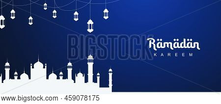 Religious Ramadan Banner With Mosque And Laterns. Ramadan Kareem Stylish Islamic Background. Islamic