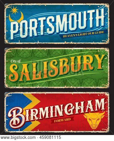 Portsmouth, Salisbury, Birmingham Uk Travel Signs And Vector Stickers, England Cities Destinations. 