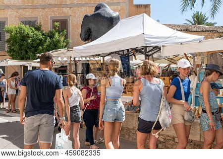 Santanyi, Spain; July 09 2022: Weekly Street Market In The Majorcan Town Of Santanyi, Spain. Stalls 