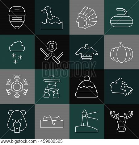 Set Line Moose Head With Horns, Canada Map, Pumpkin, Native American Indian, Curling Sport Game, Clo