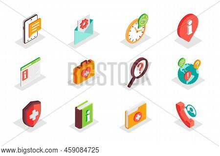 Customer Support Concept 3d Isometric Icons Set. Bundle Elements Of Help Center, Emergency, Chat, In