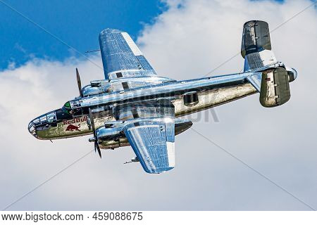 Budapest / Hungary - July 4, 2015: Red Bull Flying Bulls B-25 Mitchell N6123c Flying Over Budapest A