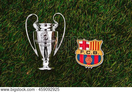 April 21, 2021, Moscow, Russia. The Emblem Of The Football Club Fc Barcelona And The Uefa Champions 