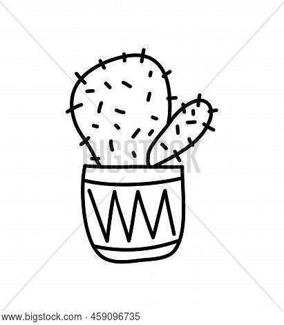 Vector Cactus Potted Plant Echinocactus Houseplant Monoline Hand Drawn On White Isolated Illustratio