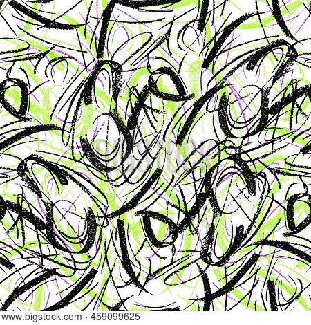 Wavy And Swirled Chalk Strokes Seamless Pattern. Blackand Green Paint Freehand Scribbles, Lines, Squ