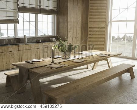 Scandinavian Farmhouse Style Wooden Kitchen With Window Blinds And Dining Table With Dishes. 3d Rend